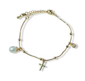 PULSERA PERLA GOTA CRUZ Y CIRCONIA DORADO