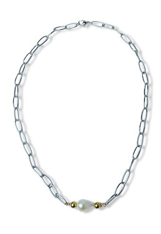 COLLAR PERLA CALABAZO Y ESLABÓN PLATEADO