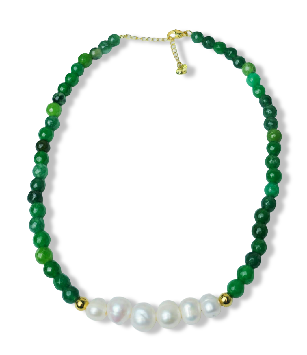 COLLAR AGATAS VERDES Y PERLA BARROCA DORADO