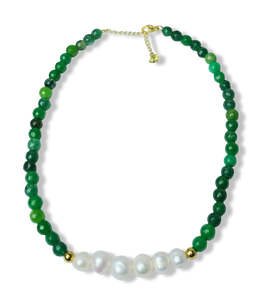 COLLAR AGATAS VERDES Y PERLA BARROCA DORADO