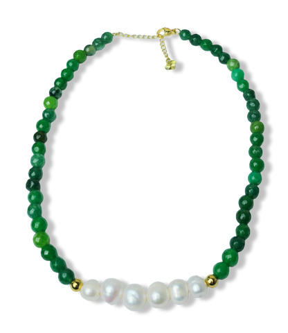 COLLAR AGATAS VERDES Y PERLA BARROCA DORADO