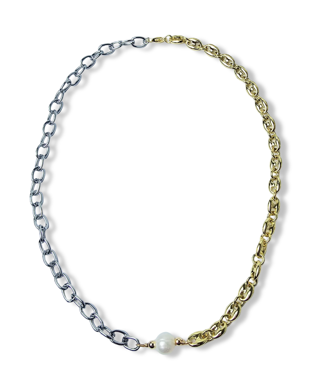 COLLAR PERLA BARROCA Y ESLABONES BICOLOR