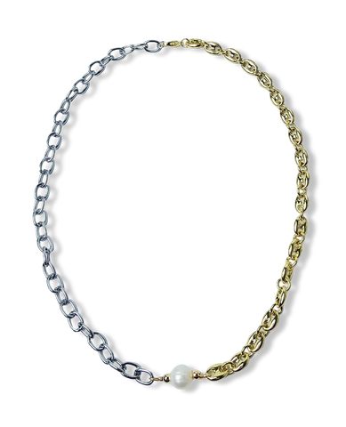 COLLAR PERLA BARROCA Y ESLABONES BICOLOR