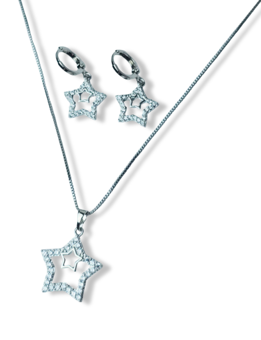 SET DOBLE ESTRELLA CIRCONIA PLATEADO