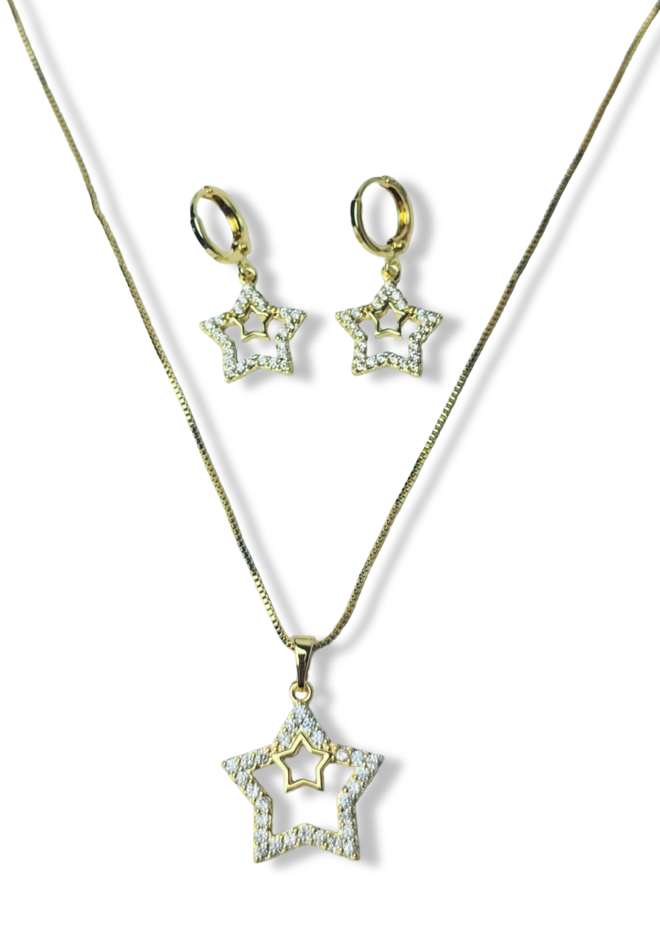 SET DOBLE ESTRELLA CIRCONIA DORADO