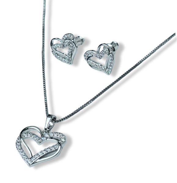 SET DOBLE CORAZÓN Y CIRCONIA PLATEADO