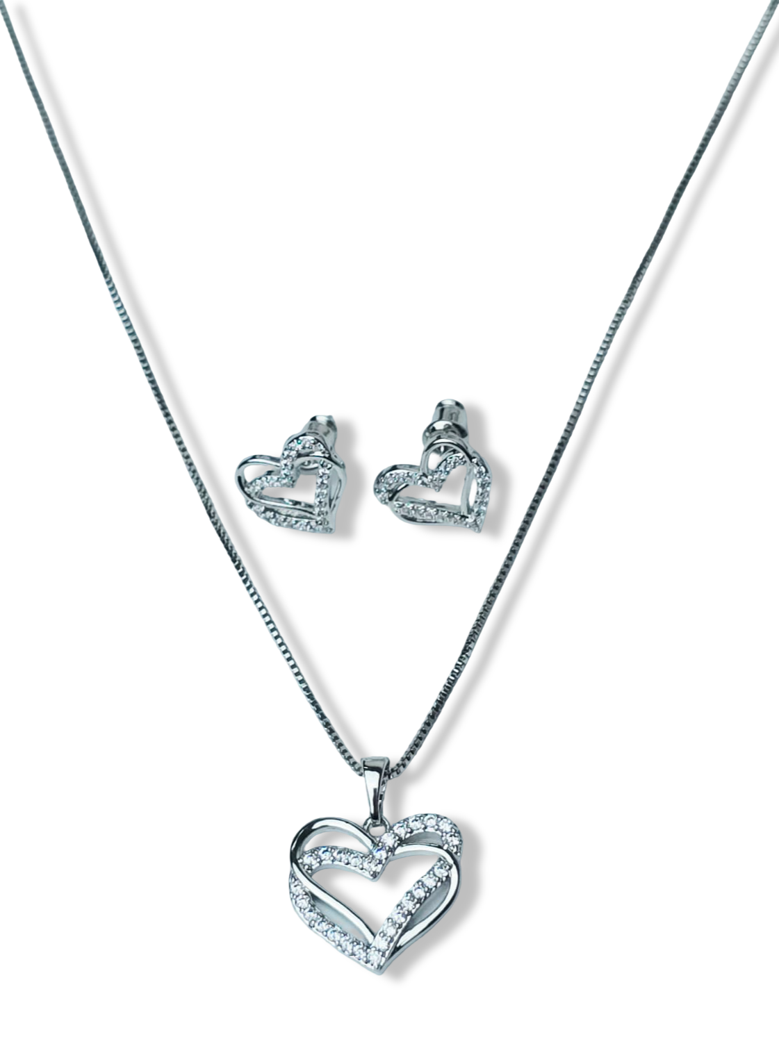 SET DOBLE CORAZÓN Y CIRCONIA PLATEADO