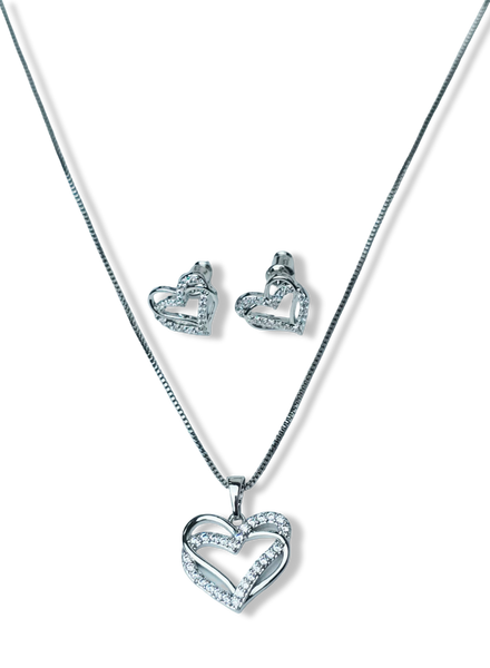 SET DOBLE CORAZÓN Y CIRCONIA PLATEADO