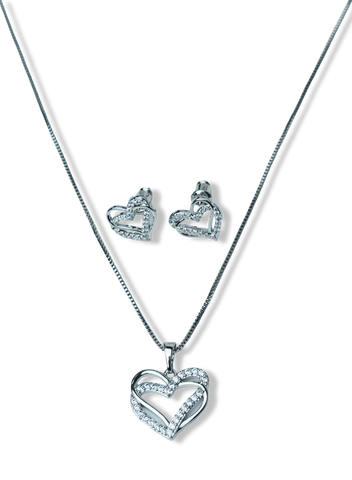 SET DOBLE CORAZÓN Y CIRCONIA PLATEADO