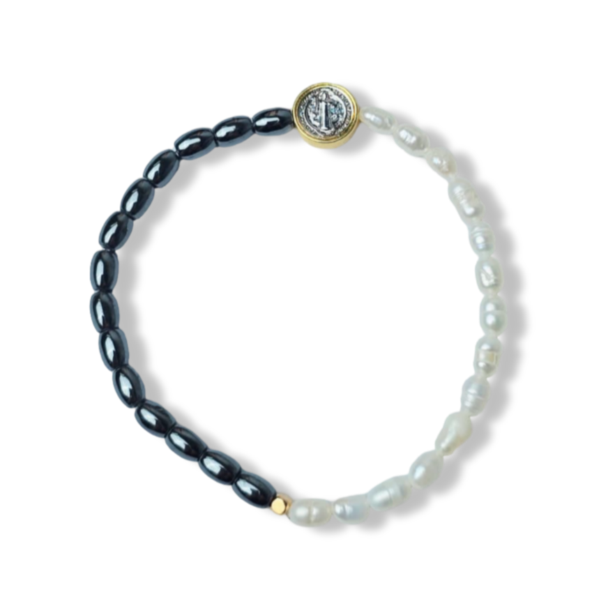 PULSERA PERLA SAN BENITO Y HEMATITA DORADO