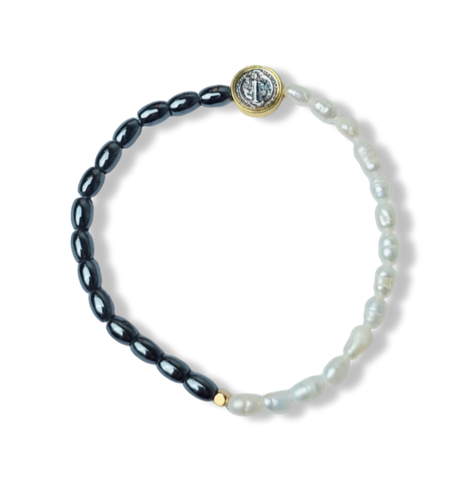 PULSERA PERLA SAN BENITO Y HEMATITA DORADO