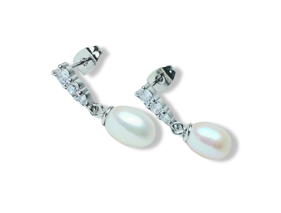 ARETE PERLA GOTA Y CIRCONIA PLATEADO
