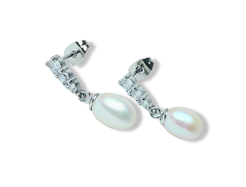 ARETE PERLA GOTA Y CIRCONIA PLATEADO