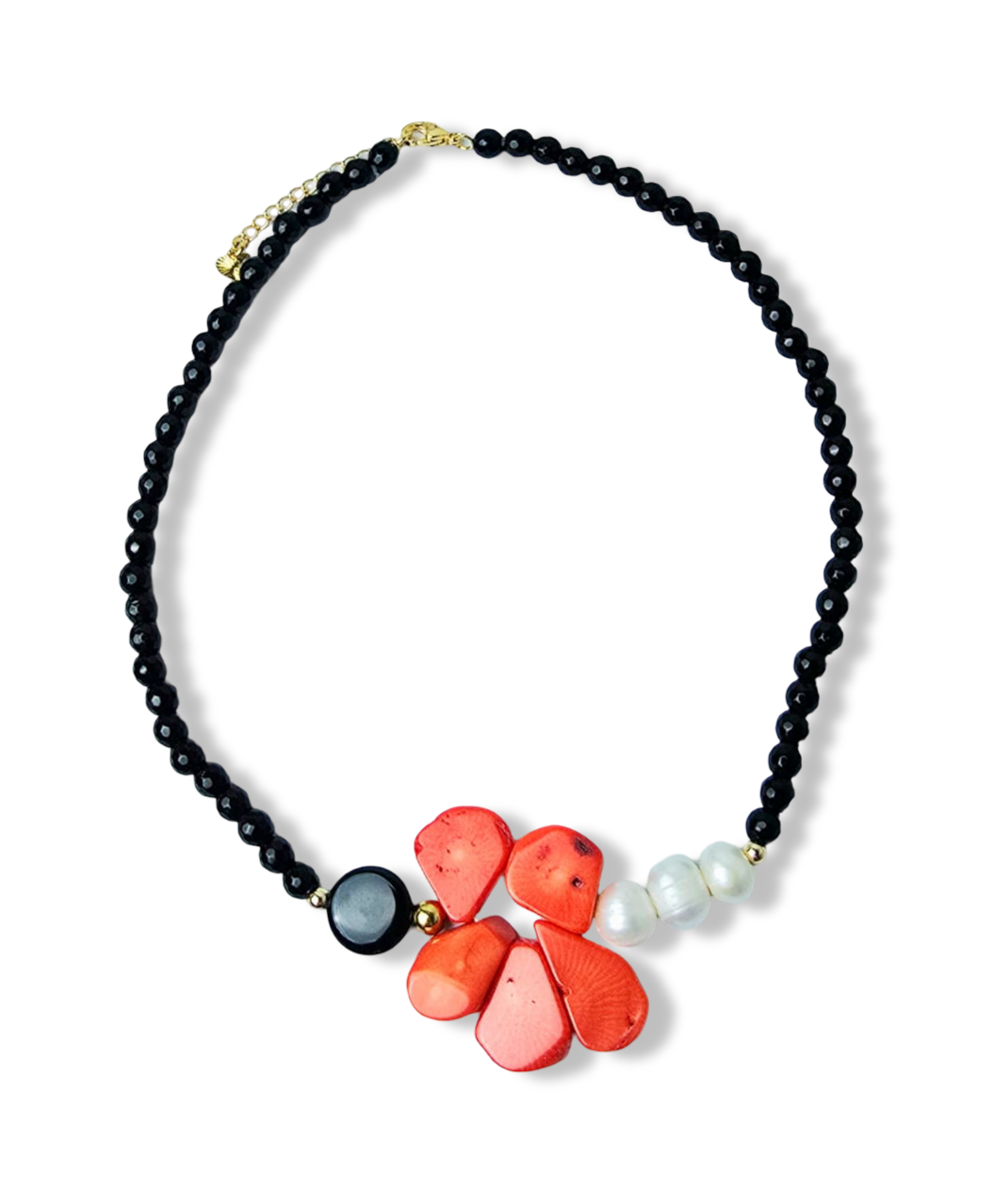 COLLAR ONIX CORAL ROJO Y PERLA BARROCA DORADO