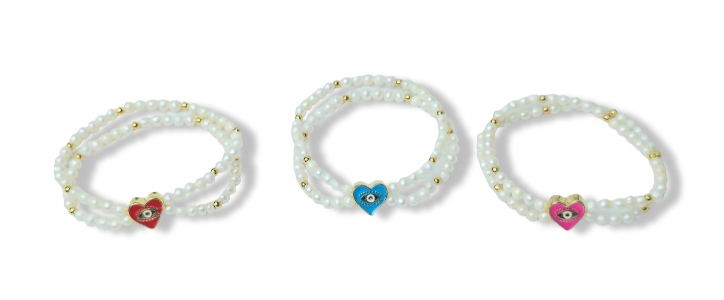 PULSERA PERLA CORAZÓN OJO TURCO DORADO