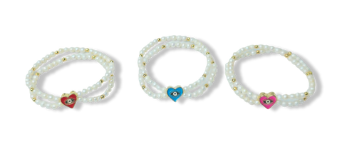 PULSERA PERLA CORAZÓN OJO TURCO DORADO