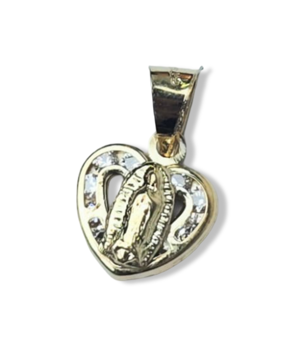 DIJE VIRGEN Y CORAZÓN CIRCONIA EN ORO DE 10K DORADO