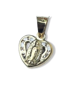 DIJE VIRGEN Y CORAZÓN CIRCONIA EN ORO DE 10K DORADO