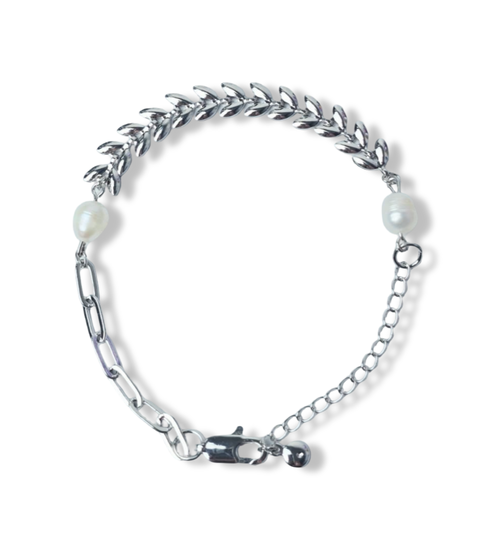 PULSERA LAUREL Y PERLA PLATEADO