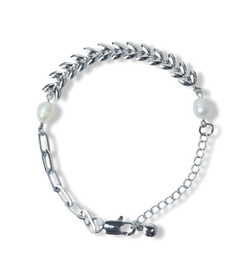 PULSERA LAUREL Y PERLA PLATEADO