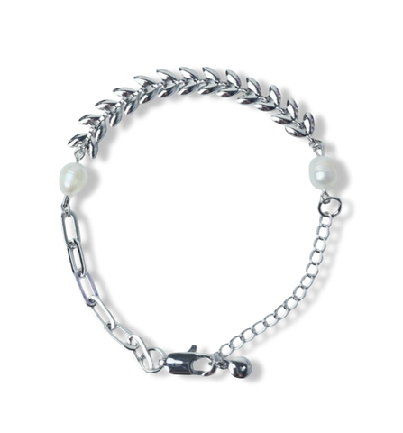 PULSERA LAUREL Y PERLA PLATEADO