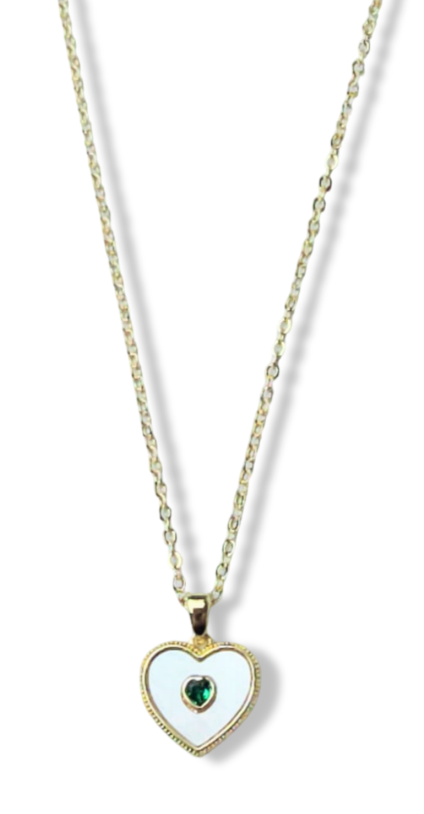 COLLAR MADRE PERLA Y CORAZÓN CIRCONIA VERDE DORADO