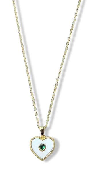 COLLAR MADRE PERLA Y CORAZÓN CIRCONIA VERDE DORADO