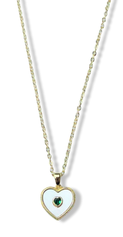 COLLAR MADRE PERLA Y CORAZÓN CIRCONIA VERDE DORADO