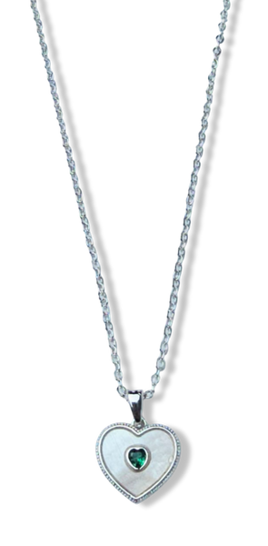 COLLAR MADRE PERLA Y CORAZÓN CIRCONIA VERDE PLATEADO