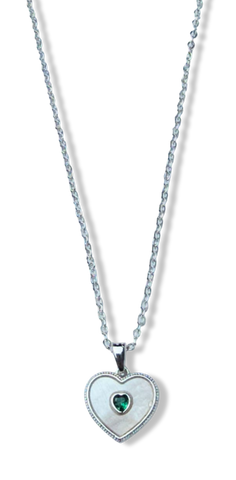 COLLAR MADRE PERLA Y CORAZÓN CIRCONIA VERDE PLATEADO