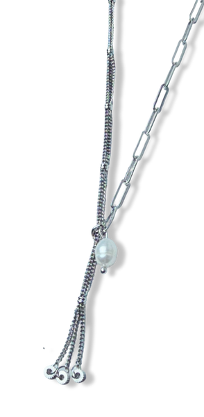 COLLAR ESLABONES Y PERLA ARROZ PLATEADO