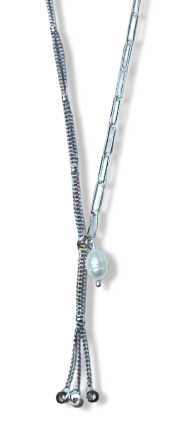 COLLAR ESLABONES Y PERLA ARROZ PLATEADO