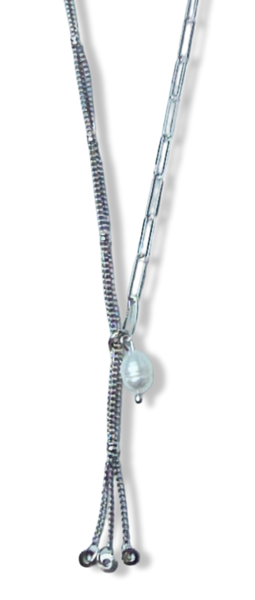 COLLAR ESLABONES Y PERLA ARROZ PLATEADO