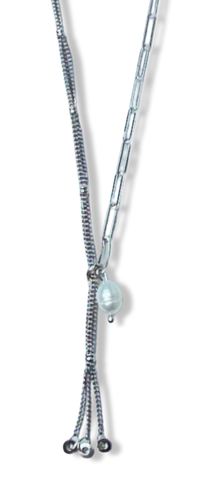COLLAR ESLABONES Y PERLA ARROZ PLATEADO