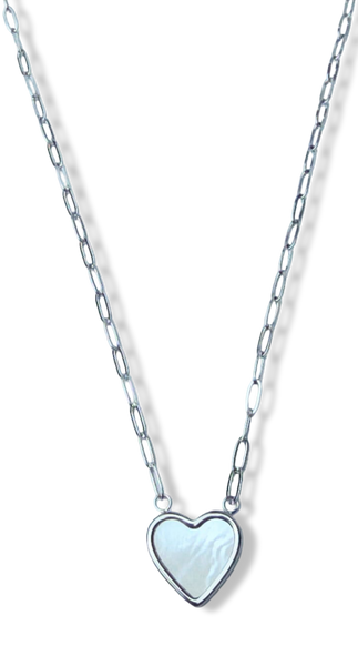 COLLAR WATERPROOF CORAZÓN MADRE PERLA PLATEADO