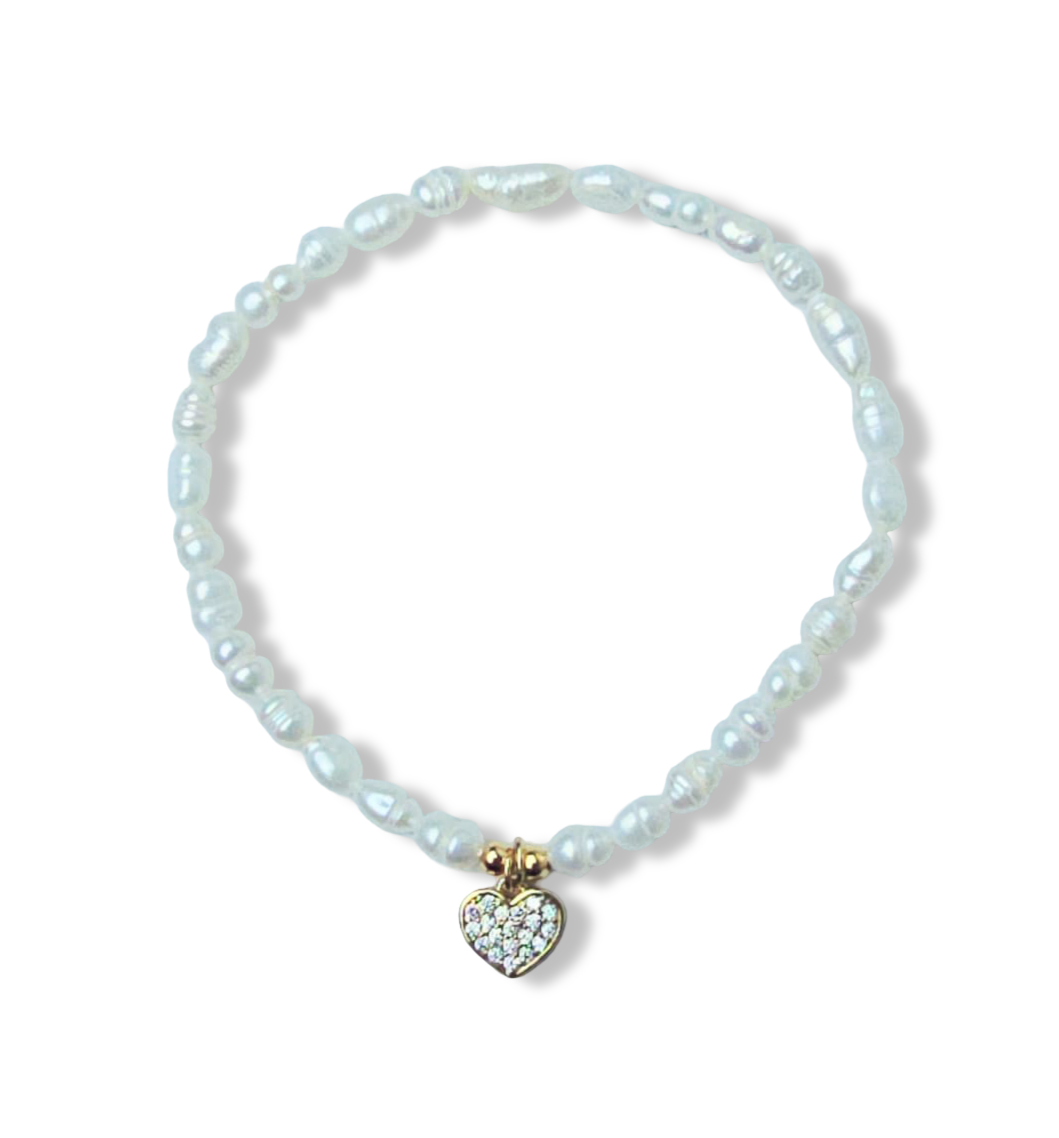 PULSERA PERLA ARROZ Y CORAZÓN CIRCONIA DORADO
