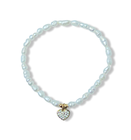 PULSERA PERLA ARROZ Y CORAZÓN CIRCONIA DORADO