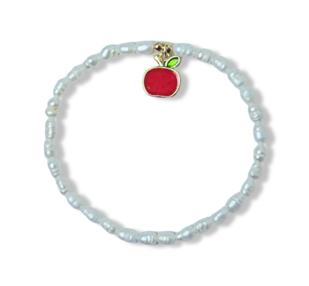PULSERA PERLA ARROZ Y MANZANA ROJA DORADO