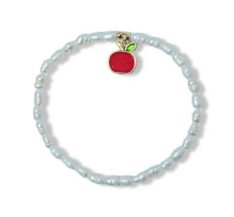 PULSERA PERLA ARROZ Y MANZANA ROJA DORADO
