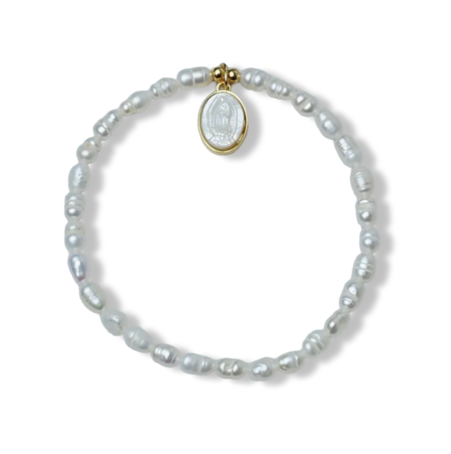 PULSERA PERLA ARROZ Y VIRGEN MADRE PERLA DORADO