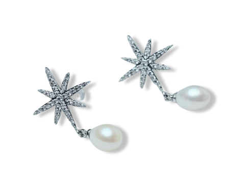ARETE PERLA GOTA Y ESTRELLA CIRCONIAS PLATEADO