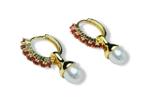 ARETE ARRACADA ROSA FUCSIA PERLA DORADO