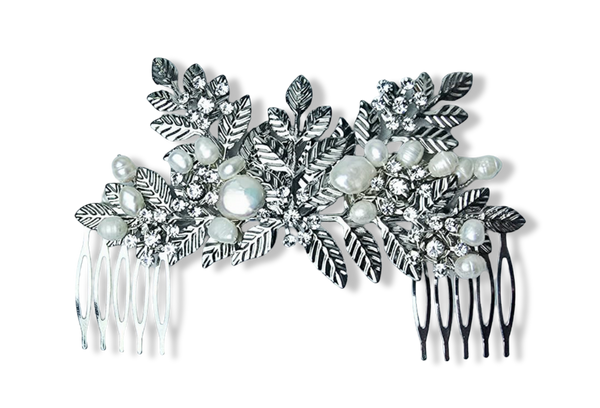 PEINETA PERLA COIN IRREGULAR CRISTAL PLATEADO