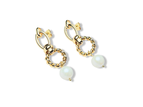 ARETE DOBLE Y PERLA ROUND DORADO