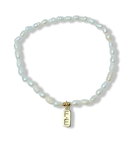 PULSERA FE Y PERLA ARROZ DORADO