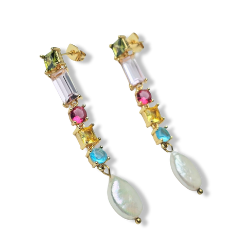 ARETE PERLA COIN LARGO Y CRISTAL DE COLORES DORADO