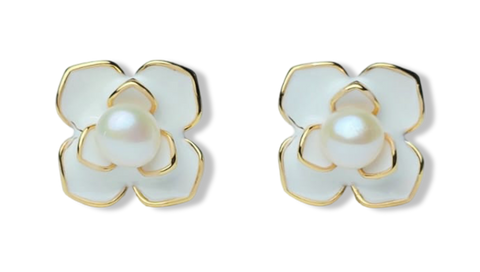 ARETE  PERLA BOTÓN FLOR BLANCA DORADO