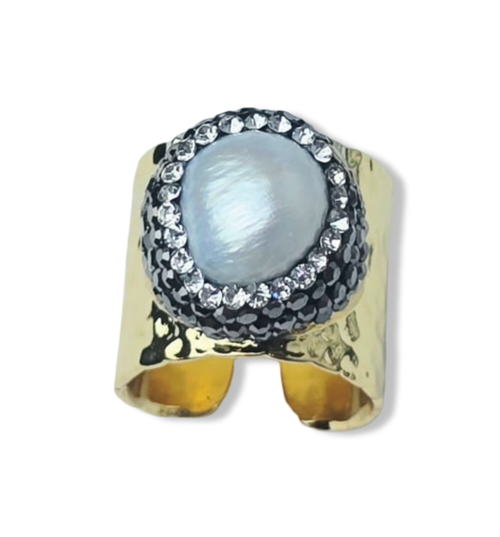 ANILLO PERLA IRREGULAR Y TRABAJO TURCO DORADO