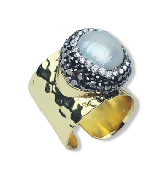 ANILLO PERLA IRREGULAR Y TRABAJO TURCO DORADO