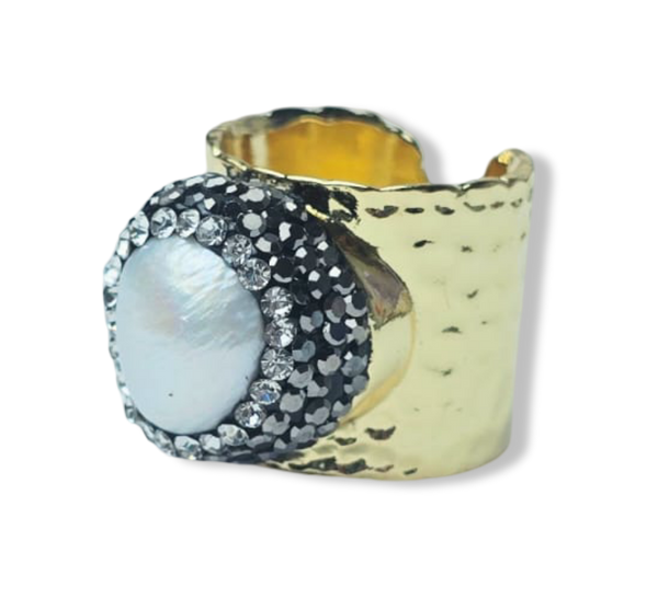 ANILLO PERLA IRREGULAR Y TRABAJO TURCO DORADO